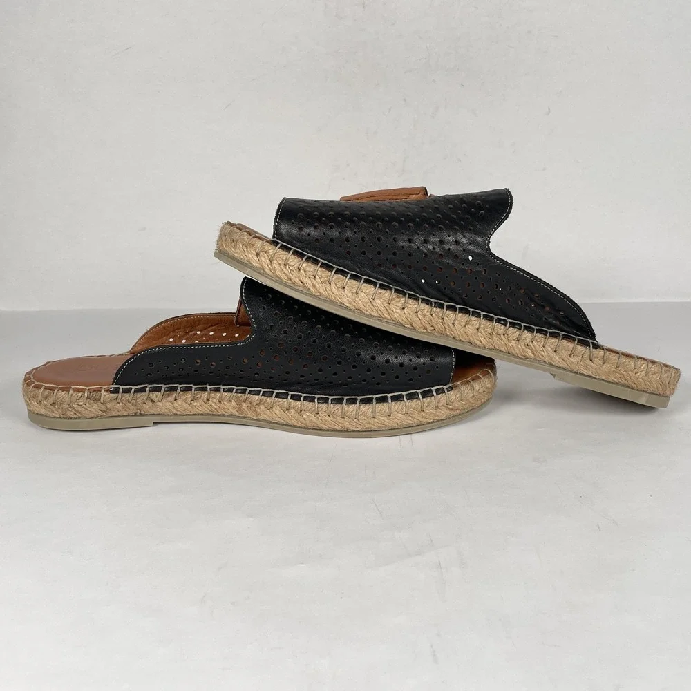 Bueno Shoes Espadrille Womens Size 42 Black Leather Slip On Tassel Mule Flats